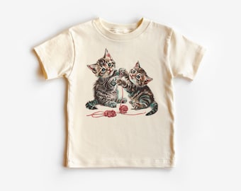 Kittens Playing With Yarn Toddler Shirt - Baby Kitty Cat Lover - 90s Style Graphic Tee - Natural Boho Toddler & Youth Tee