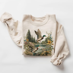 Retro Mallard Ducks Summer Scene Sweatshirt - 90s Duck Wildflower Nature Birding Outfit - Bird Watcher - Boho Unisex Crewneck Sweatshirt