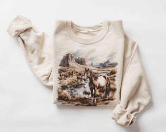 Retro Wild Horses Desert Canyon Fall Scene Sweatshirt - 90's Vintage Horse Lover Gift Outfit - Boho Unisex Crewneck Sweatshirt