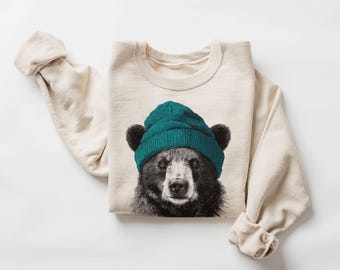 Retro Black Bear Wearing Beanie Vintage Wildlife Unisex Sweatshirt