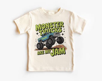 Retro Monster Trucks Are My Jam Kids Tee - Big Vehicles Monster Truck Lover Outfit - Natural Boho Toddler, Youth Tee
