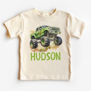 Boys Green Monster Truck Shirt, Custom Personalized Kids Name, Back To School, Boy Birthday Party Gift, Cute Toddler Shirt, Dirt Offroad