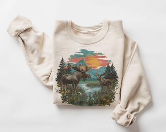 Retro Bull Moose Summer Wildflower Scene Sweatshirt - 90s Moose Bog Wildlife  - Summer Mountain Sunset - Unisex Graphic Crewneck Sweatshirt