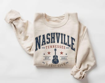 Retro Nashville Tennessee Country Music City Guitar Travel Destination Unisex volwassen sweatshirt met ronde hals