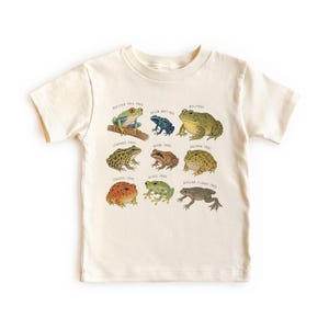 Könnte beinhalten: Ein cremefarbenes Kurzarm-T-Shirt mit einem Grafikdruck von neun verschiedenen Froscharten, deren Namen in schwarzem Text aufgeführt sind, darunter Red-Eyed Tree Frog, Poison Dart Frog, Bullfrog, Leopard Frog, Wood Frog, Pacman Frog, Tomato Frog, Glass Frog und African Clawed Frog.