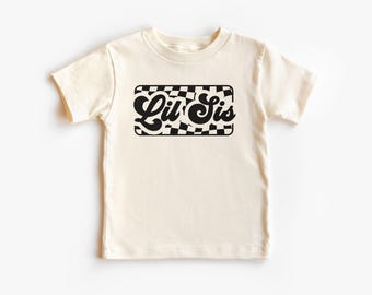 Lil Sis Checkered Toddler Shirt - Nowy prezent dla małej siostry - Ujawnienie ciąży - Little Sis On The Way - Boho Natural Toddler & Youth Tee
