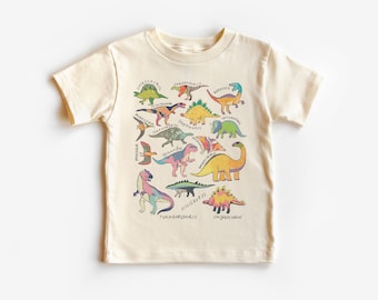 Maglietta per bambini con dinosauri carini, futuro paleontologo, nomi di dinosauri, camicia per bambini di dinosauri alla moda, abito per feste di compleanno, maglietta per bambini naturale Boho