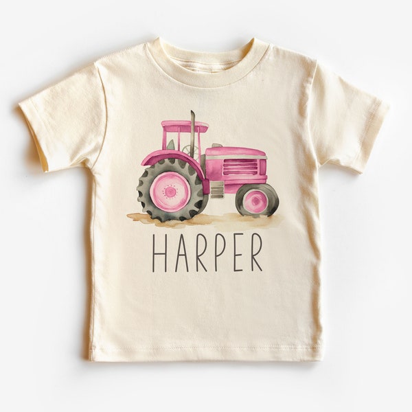 Personalized Pink Tractor Toddler Shirt - Cute Custom Name Farmer Farm Tractor Girls Outfit - Boho Natural Kids Shirts
