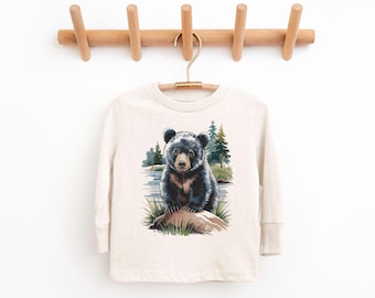 Retro Black Bear Cub Kids LS Shirt - 90s Cute Animals Forest Nature Scene - Boho Natural Heather Long Sleeve Kids Shirts