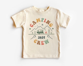 Personalized Camping Crew Toddler Shirt, Retro Summer Camping Kids Clothing, Cousin's Campout, Natural Toddler Youth Tee