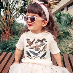 K&ouml;nnte beinhalten: Ein Kind tr&auml;gt ein cremefarbenes T-Shirt mit Illustrationen verschiedener Greifv&ouml;gel. Das Kind tr&auml;gt auch eine rosa Sonnenbrille und ein passendes Stirnband. Das Kind sitzt auf einer Holzbank.