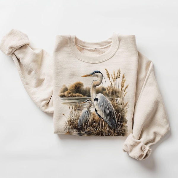 Felpa retrò con scena di palude con airone azzurro - Regalo per gli amanti degli uccelli degli anni '90 - Outfit per uccelli, fauna selvatica e natura - Felpa girocollo unisex boho