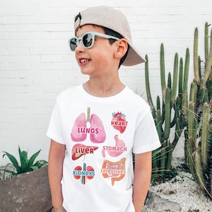 K&ouml;nnte beinhalten: Wei&szlig;es T-Shirt mit bunten Illustrationen von menschlichen Organen, darunter Lunge, Herz, Magen, Leber, Nieren und Darm. Der Text "LUNGS", "HEART", "STOMACH", "LIVER", "KIDNEYS" und "INTESTINES" ist auf dem Shirt aufgedruckt.