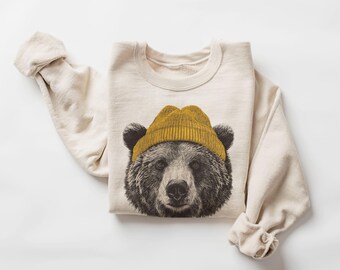 Grizzly Bear in Beanie Sweatshirt - Cozy Retro 90s Animal Pullover - Fun Wilderness Nature Camping - Unisex Graphic Crewneck Sweatshirt