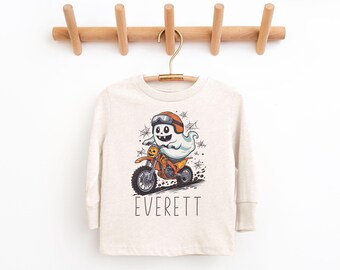 Personalized Dirt Bike Halloween Toddler LS Shirt - Custom Boo Ghost Dirt Biking Tee - Boho Natural Heather Long Sleeve Kids Shirts