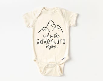 And So The Adventure Begins Baby Onesie® - Cute Mountains Nature Themed Pregnancy Announcement Bodysuit - Coming Soon Natural Onesie®