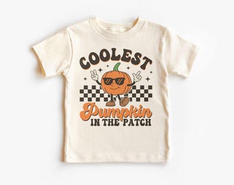 Coolaste Pumpkin In The Patch-pojktröja - Retro Jack O'Lantern-solglasögon Halloween-outfit - Naturfärgad t-shirt för småbarn, ungdomar och barn