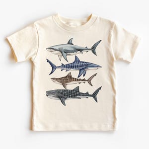 Sharks In A Row Ocean Creatures Kids Toddler Shirt - Great White, Nurse Shark, Tiger Shark Under The Sea - Natural Boho Toddler, Youth Tee