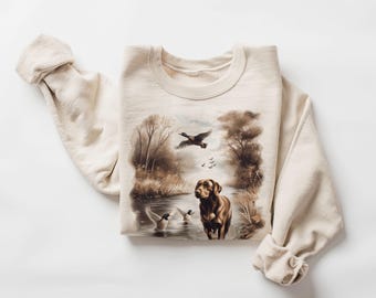 Retro Chocolate Lab Dog & Mallard Ducks Sweatshirt - 90s Vintage Labrador Retriever Hunting Duck Outfit - Boho Unisex Crewneck Sweatshirt