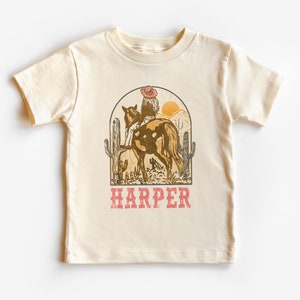 Camisa vaquera rosa personalizada para niños pequeños, Camiseta de caballo occidental con nombre personalizado para niñas lindas, Camisas bohemias naturales para niños