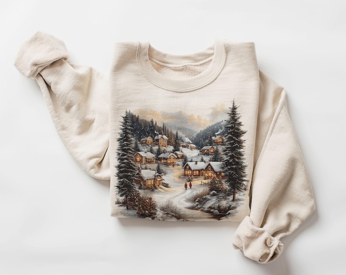 Retro Christmas Winter Village Sweatshirt - Nineties 90s Mountain Pine Trees Decorated Cabins Outfit - Boho Unisex Crewneck Sweatshirt