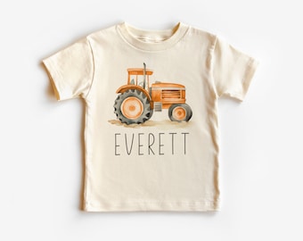 Maglietta personalizzata per bambini con trattore - T-shirt per trattore agricolo arancione con nome personalizzato carino - Camicie per bambini naturali Boho