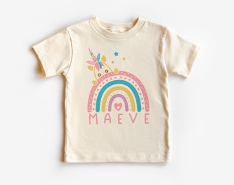 Personalized Unicorn Rainbow Toddler Shirt - Custom Kids Names Clothing - Unicorn Birthday Party Theme - Natural Toddler & Youth Tee