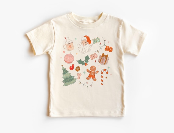 Retro Christmas Doodles Kids Shirt - Favorite Holiday Things Santa, Candy Canes, Trees Family Outfit - Boho Natural Toddler & Youth Tee