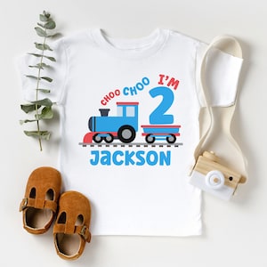 Personalized Choo Choo I'm 2 Toddler Shirt, Custom Name Train Shirt, Second Birthday, Boy Toddler Youth Kids Clothing White Shirt