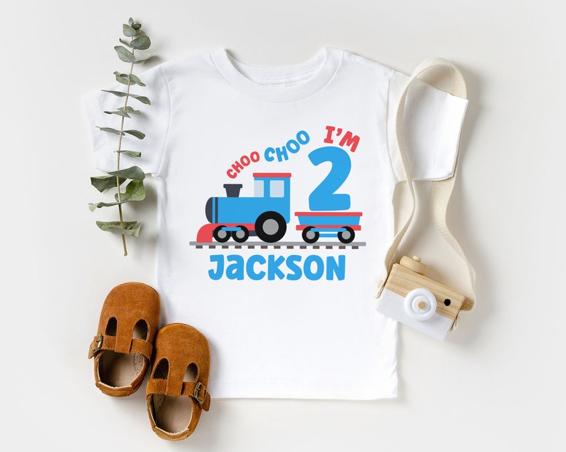 Personalized Choo Choo I'm 2 Toddler Shirt, Custom Name Train Shirt, Second Birthday, Boy Toddler Youth Kids Clothing White Shirt