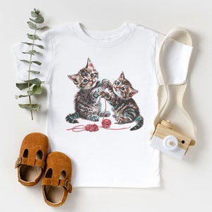 Kittens Playing With Yarn Toddler Shirt Baby Kitty Cat Lover 90s Style Graphic Tee Natural Boho Toddler & Youth Tee White Shirt