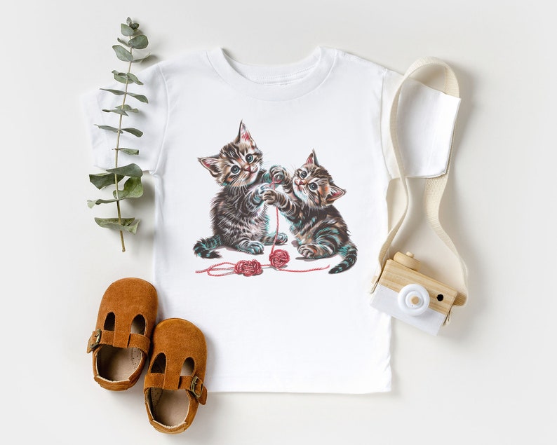 Kittens Playing With Yarn Toddler Shirt Baby Kitty Cat Lover 90s Style Graphic Tee Natural Boho Toddler & Youth Tee White Shirt