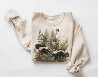 Retro Skunks Summer Wildflower Scene Sweatshirt - 90s Cute Skunk Forest Nature Outfit - Wildlife Watcher - Boho Unisex Crewneck Sweatshirt