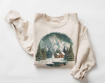 Kerst retro jaren 90 wintercabine sneeuwpop noorderlichtwildernis uniseks sweater