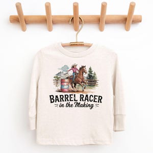Retro Barrel Racer In The Making Girls LS Shirt - 90s Cowgirl Rodeo Racing Horse Toddler Tee - Boho Natural Heather Long Sleeve Kids Shirts