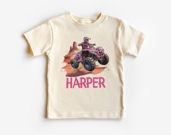 Personalized Pink Four Wheeler Jumping Toddler Shirt - Custom Quad Girl's Name Tee - Toddler Youth Kids Boho Clothing