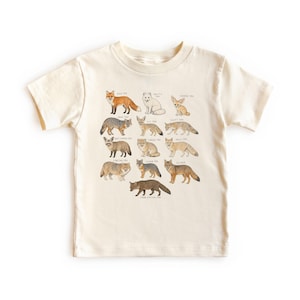 Puede incluir: Una camiseta de manga corta de color crema con un estampado gráfico detallado de varias especies de zorros. La ilustración incluye etiquetas para Red Fox, Arctic Fox, Fennec Fox, Gray Fox, Kit Fox, Swift Fox, Bat-eared Fox, Corsac Fox, Pale Fox, Tibetan Fox, Island Fox, Culpeo y Crab-eating Fox.