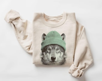Wolf mit Mütze Sweatshirt - Berg Wildtiere Rundhalsausschnitt, Camping & Wander Geschenk, Retro 90er Jahre Unisex Süßer Wölfe im Freien Pullover