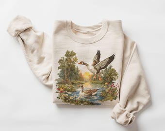 Retro Geese Summer Scene Sweatshirt - 90s Goose Wildflower Pond Nature Birding Outfit - Bird Watcher - Boho Unisex Crewneck Sweatshirt