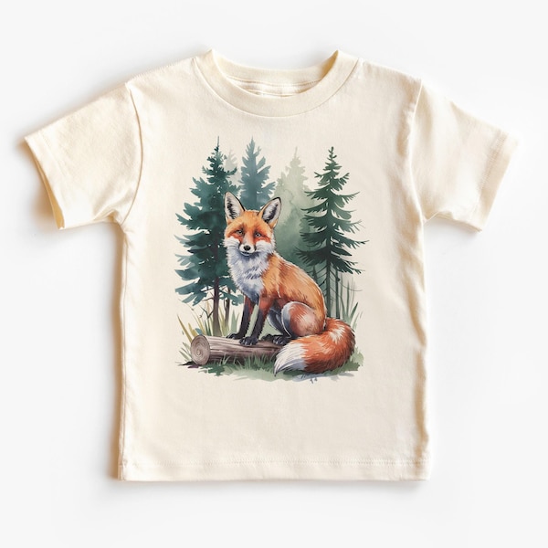 Retro Red Fox On A Log Kids Shirt - 90s Cute Animals Foggy Forest Pacific Coast Nature Scene - Natural Boho Adult, Toddler & Youth Tee