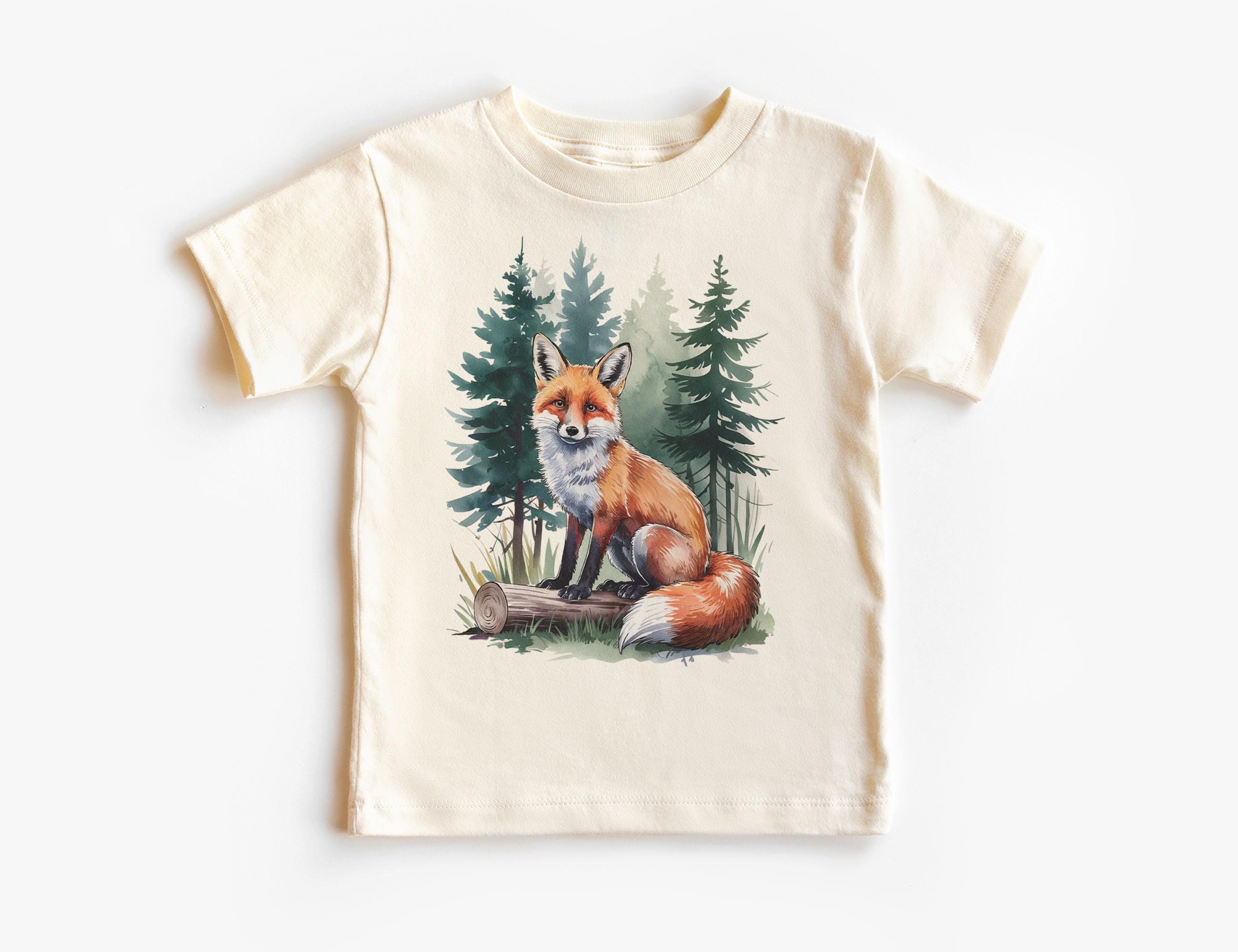 Retro Red Fox on A Log Kids Shirt - 90s Cute Animals Foggy Forest