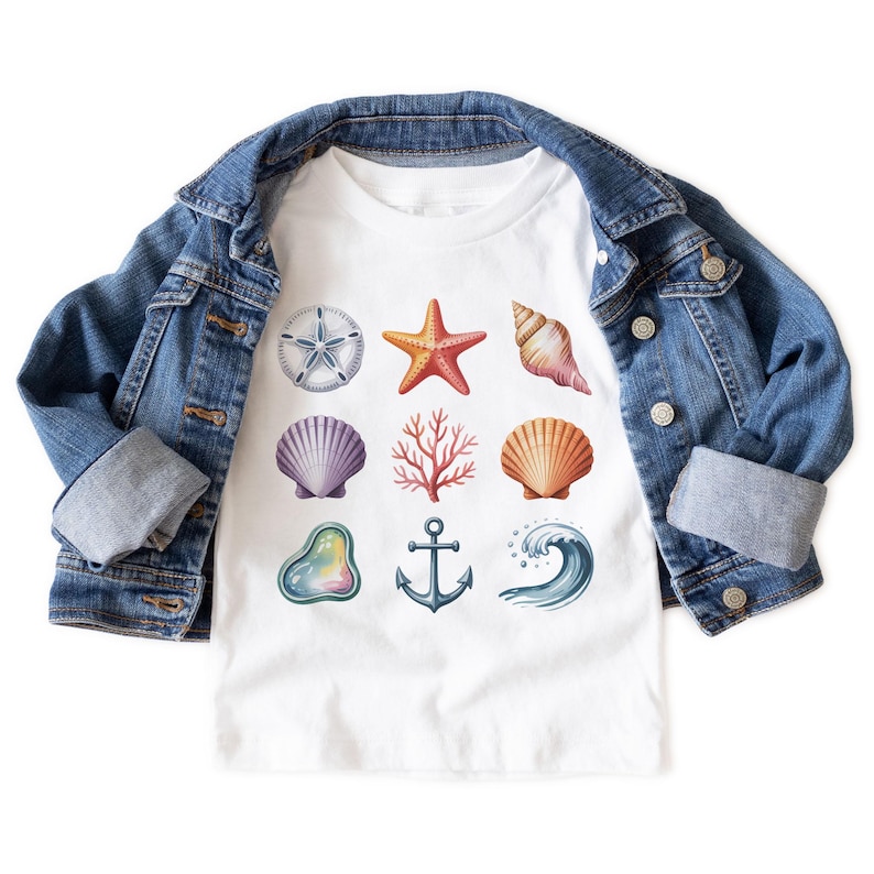 May include: White t-shirt featuring colorful illustrations of various sea creatures, including a starfish, seashells, and an anchor. The shirt is paired with a blue denim jacket, creating a casual and nautical theme. The design is suitable for children.