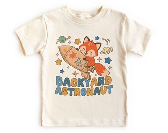 Camiseta de cartón con diseño de zorro astronauta en el jardín, estilo bohemio, para niños pequeños, adultos y jóvenes.