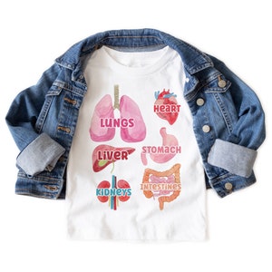 K&ouml;nnte beinhalten: Wei&szlig;es T-Shirt mit einer bunten Illustration der menschlichen Organe, darunter Lunge, Herz, Magen, Leber, Darm und Nieren. Die Organe sind mit ihren Namen in Rosa beschriftet.