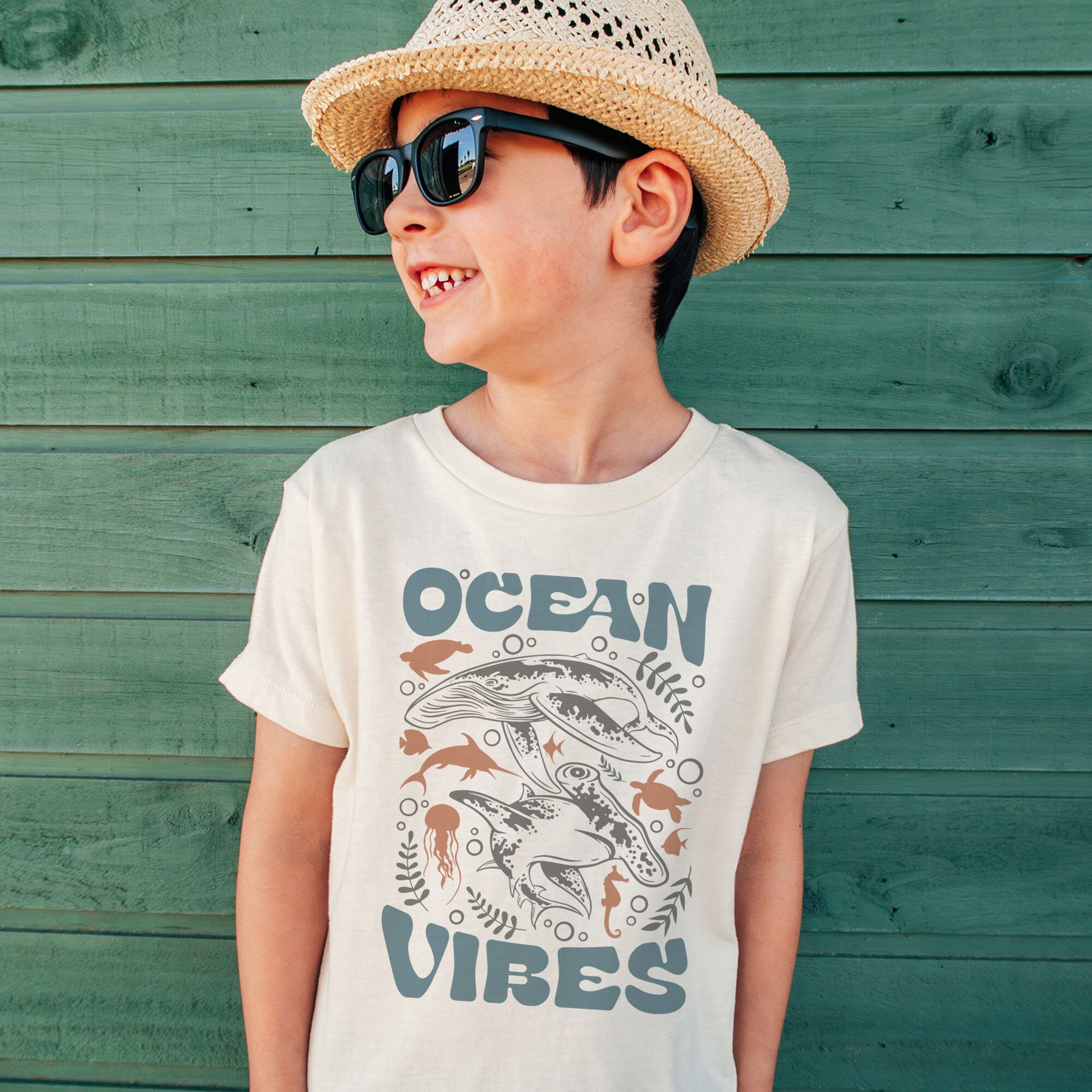 Retro Ocean Vibes Toddler Shirt - Hammerhead Shark and Whale