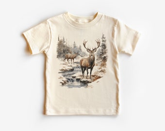 Retro Deer Wilderness Scene Toddler Shirt - Nineties Vintage Buck And Doe Kids Outfit  - Natural Boho Adult, Toddler & Youth Tee