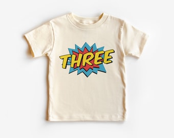 Comic Book 3rd Birthday Toddler Shirt - Retro Boy or Girl Outfit - Matching Third Birthday Party - Boho Natural Toddler & Youth Tee