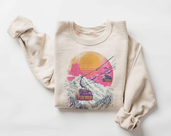 Retro Ski Gondola Sunset Sweatshirt - Vintage 80s Style Ski Lift Crewneck - After Skiing Winter Lodge Pullover - Cozy Mountain Cabin Outfit
