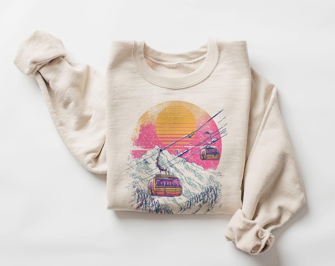 Retro Ski Gondola Sunset Sweatshirt - Vintage 80s Style Ski Lift Crewneck - After Skiing Winter Lodge Pullover - Cozy Mountain Cabin Outfit