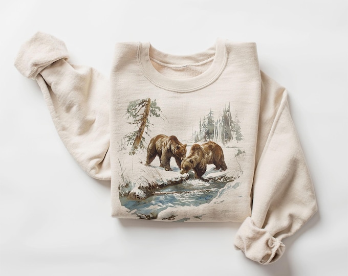 Retro Grizzly Bears Wilderness Scene Sweatshirt - Nineties 90s Vintage Brown Bear Outfit - Boho Unisex Crewneck Sweatshirt